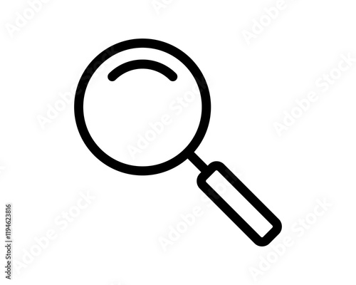 Bold black outline magnifying glass icon.  Perfect for websites, apps, or presentations needing a clean, modern search or discovery element. Versatile and easily adaptable to various design styles.