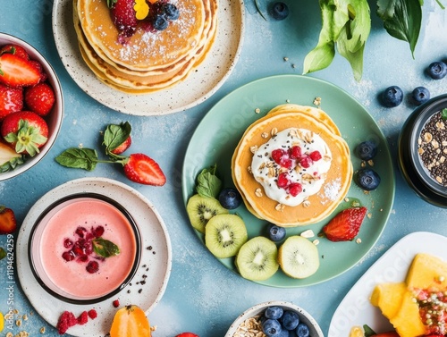 Wallpaper Mural A cheerful breakfast table with vegetarian dishes, featuring pancakes, fresh fruit Torontodigital.ca