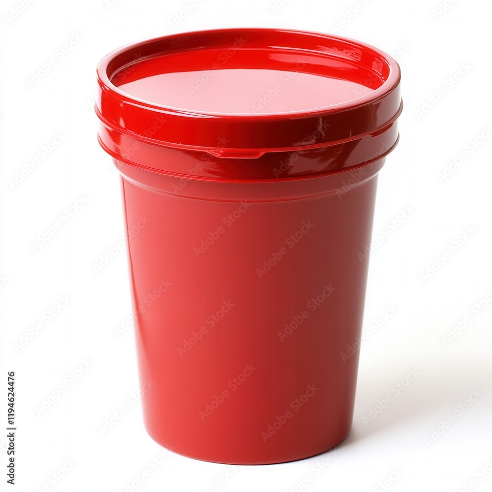 Red plastic container, lid, white background, packaging Red plastic container, lid, white background, packaging