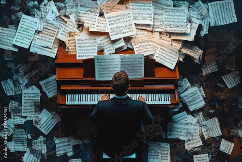 A man sits playing the piano, enveloped by a whirlwind of sheet music cascading around him, capturing the essence of immersive musical artistry and chaos. photo