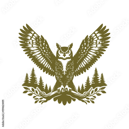 Horned Owl silhouette vector style" evokes a sleek, minimalist design featuring the distinct profile of a horned owl. The owl’s broad wings, sharp talons, and prominent.