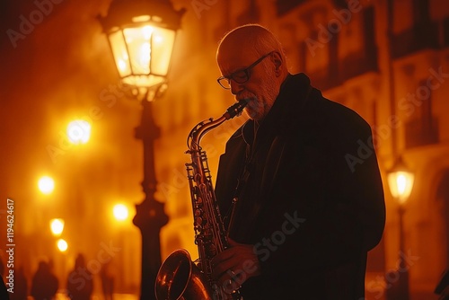 A silhouetted man plays a saxophone in a foggy street under a lamp, casting a mysterious atmosphere of melancholy and reflecting the timeless essence of jazz. photo