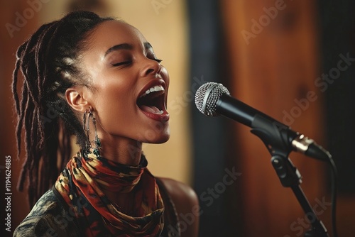 A vibrant close-up of a singer delivering powerful notes with grace, surrounded by warm lighting, capturing the essence of passionate vocal performance.