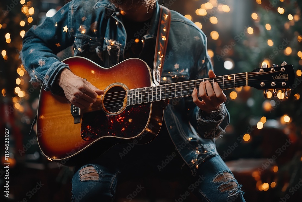 Obraz premium A musician playing an acoustic guitar while surrounded by festive bokeh lights, wearing a denim jacket, creating a magical and artistic atmosphere in the scene.