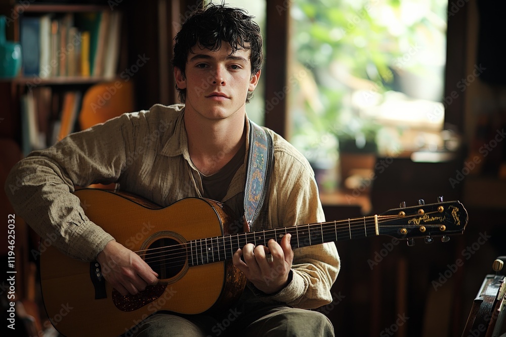 Obraz premium A teenage guitarist seated in a sunlit room, playing an acoustic guitar with contemplative focus, showcasing a peaceful and introspective moment of musical harmony.