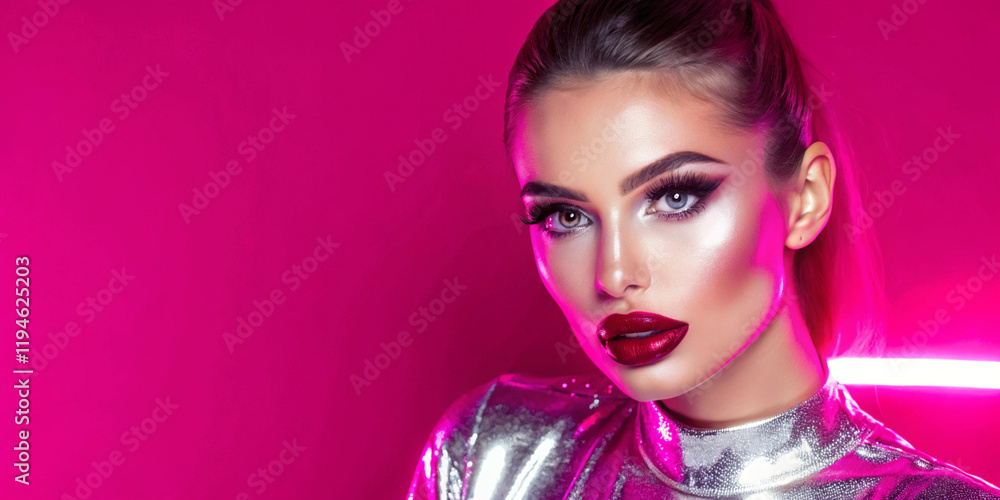 Fototapeta premium Creative fashion model with striking metallic green lips against a bright orange background. Perfect for cosmetics and editorial content.