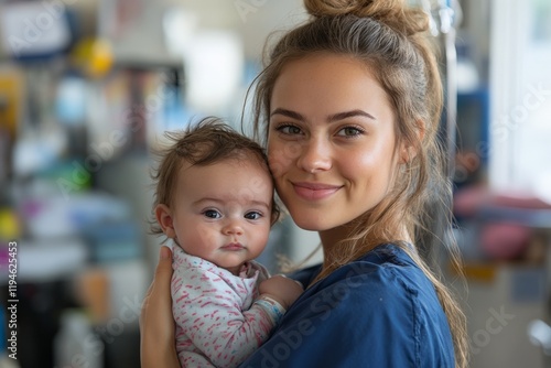 A young nurse with a warm smile holds a baby in a hospital setting, wearing a blue uniform, encapsulating themes of warmth and nurturing, with medical equipment in the background.