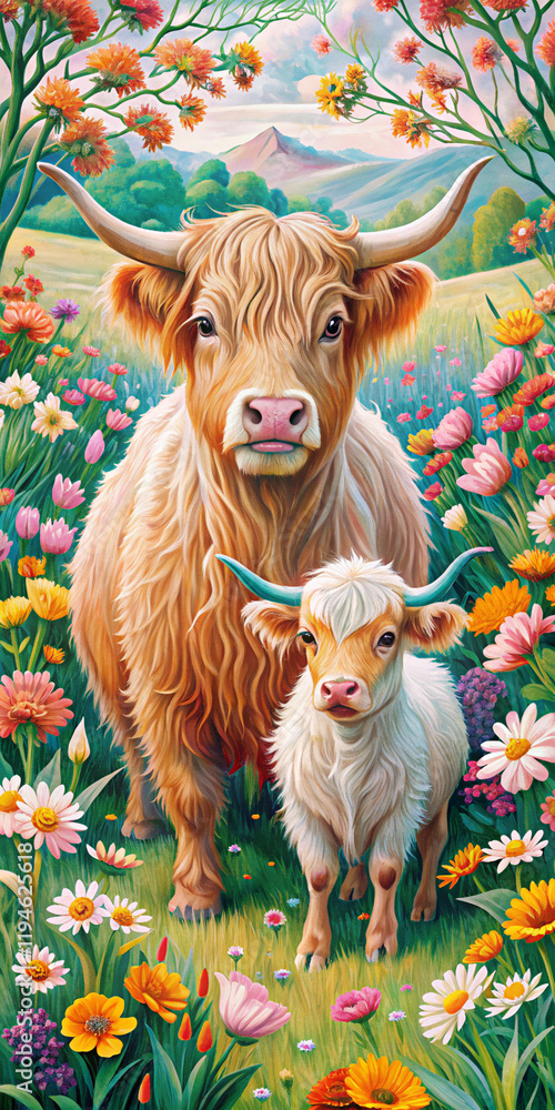 Fototapeta premium Colorful illustration of a Highland cow and calf in a vibrant meadow full of flowers. Perfect for farming, animals, and nature concepts.