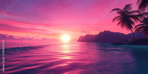 Synthwave Sunset Paradise: A vibrant tropical island scene with pink skies and palm trees photo