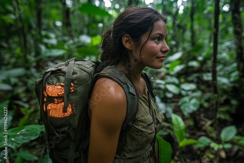 A person with a backpack treks through a dense, wet jungle, surrounded by lush green foliage, epitomizing the spirit of adventure and the exploration of uncharted nature. photo