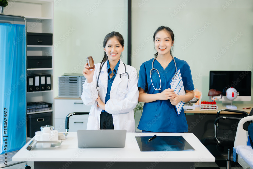 Obraz premium Healthcare professionals analyzing test results with lab tools, stethoscopes in a clinical setting. Showcase teamwork