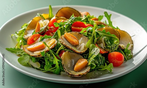 New Zealand paua abalone salad served with fresh greens and cherry tomatoes on a smooth white plate photo