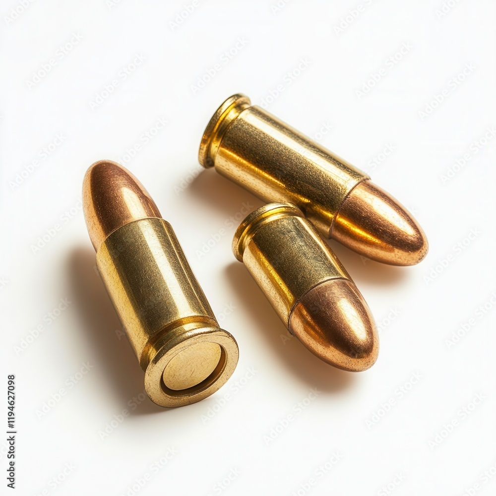 Three bullets, white background, crime scene, law enforcement Three bullets, white background, crime scene, law enforcement