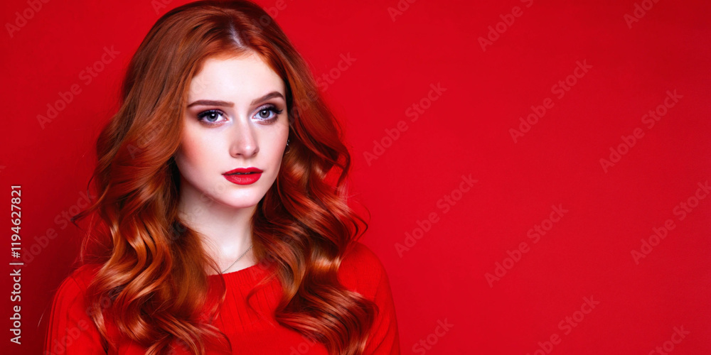 Naklejka premium Portrait of a beautiful woman with long red hair and flawless makeup on a bright background. Perfect for beauty and fashion theme.