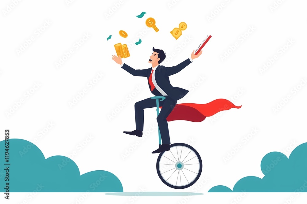 Superhero Businessman on Unicycle: A stylized illustration of a businessman dressed in a superhero cape, riding a unicycle while juggling coins, keys, and a book. Superhero Businessman on Unicycle: A stylized illustration of a businessman dressed in a superhero cape, riding a unicycle while juggling coins, keys, and a book.