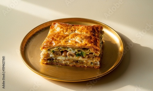 Savory cabbage pie kulebyaka served on a golden plate with a creamy backdrop photo