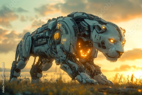 A sleek, cutting-edge robotic lion adorned with gleaming golden lights poses against a backdrop of a dreamy dawn, symbolizing a new era of technological evolution. photo