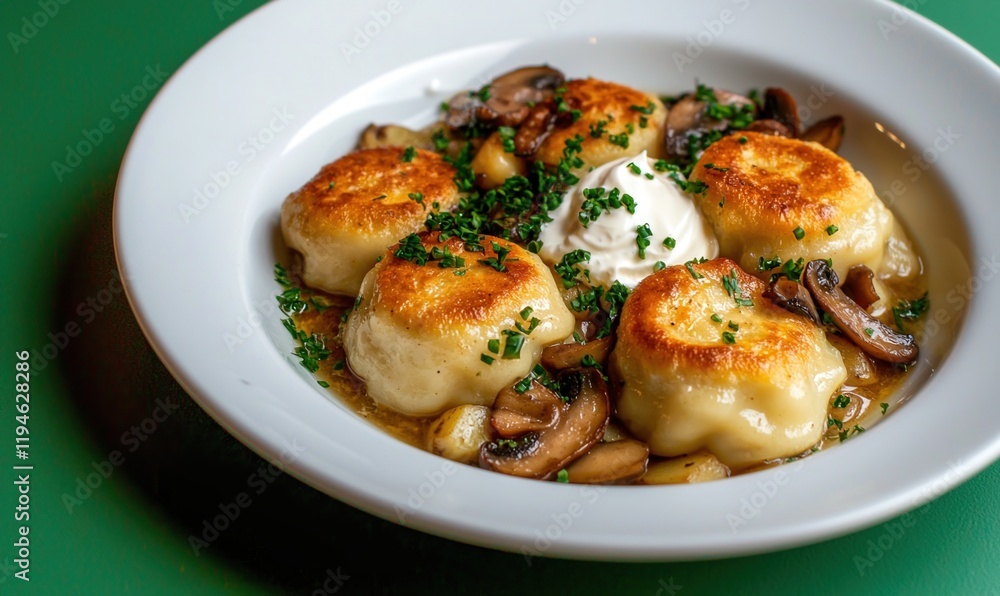 Vareniki with potatoes and mushrooms served with sour cream on a white plate against a muted green background Vareniki with potatoes and mushrooms served with sour cream on a white plate against a muted green background