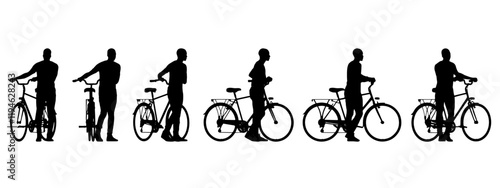 Vector concept conceptual black silhouette of a man riding a bicycle from different perspectives isolated on white background. A metaphor for sport, fitness, competition, health, leisure and lifestyle
