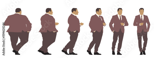 Conceptual fat overweight obese man vs slim fit healthy body after weight loss or diet, white background banner. A  fitness, nutrition or obesity, health care shape illustration vector as silhouettes