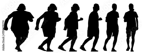 Conceptual fat overweight obese man vs slim fit healthy body after weight loss or diet, white background banner. A  fitness, nutrition or obesity, health care shape illustration vector as silhouettes