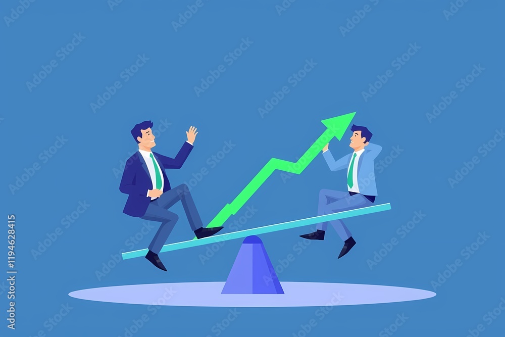 Business Growth Partnership: Two businessmen on a seesaw, one pushing up the other with an upward green arrow representing growth. Business Growth Partnership: Two businessmen on a seesaw, one pushing up the other with an upward green arrow representing growth.