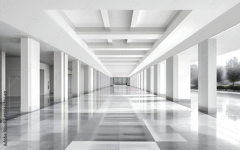 Fototapeta premium Modern white hallway with high ceiling and marble floor.