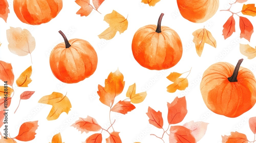 Watercolor autumn pumpkins and leaves pattern on white background. Possible use Design element, wallpaper, print Watercolor autumn pumpkins and leaves pattern on white background. Possible use Design element, wallpaper, print