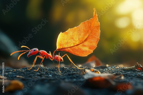 A macro photograph of an ant carrying a tiny piece of leaf photo