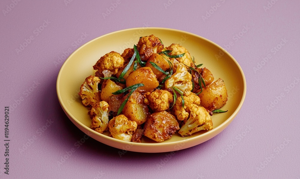 Comforting aloo gobi dish served on a vibrant yellow plate against a soft purple background Comforting aloo gobi dish served on a vibrant yellow plate against a soft purple background
