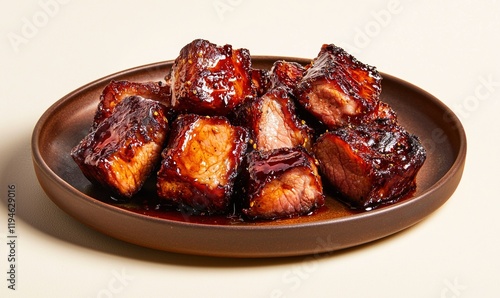 Sweet and savory char siu tender pork glazed with honey and five-spice marinade on a brown plate