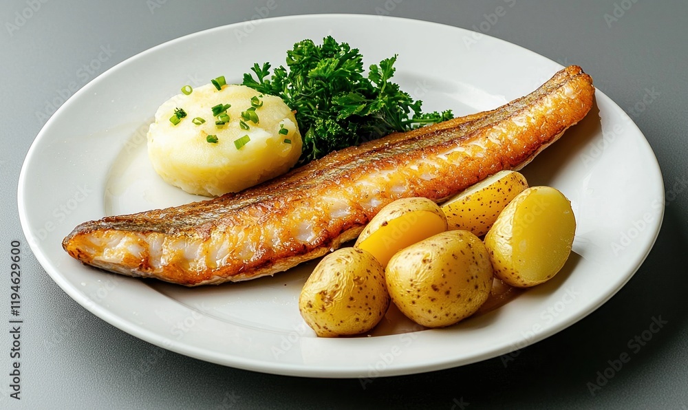 Boknafisk served on a white plate with potatoes and vegetables against a muted gray background