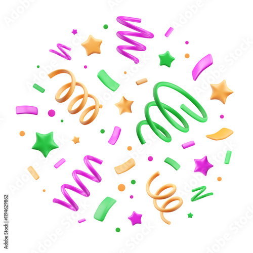 3d firecracker. Party popper of squiggles, stars, confetti and tinsel. Vector isolated illustration. Circle arrangement. Birthday background, festival print. Plastic cartoon elements.