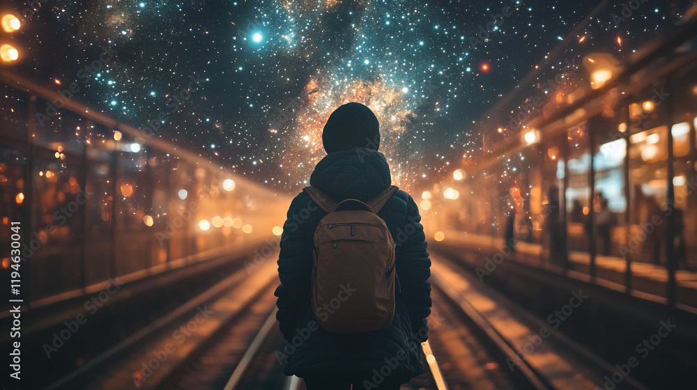Person gazing at a starry sky above a train platform at night Person gazing at a starry sky above a train platform at night