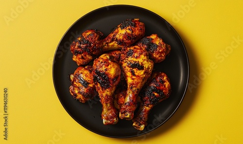 Grilled ayam percik with turmeric marinade served on a black plate against yellow backdrop photo