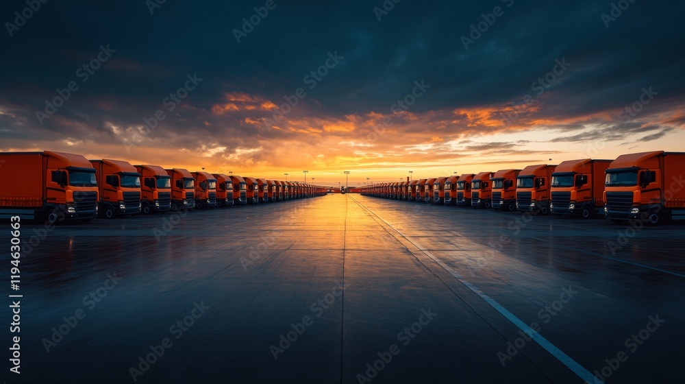 Fototapeta premium Sunset over a Fleet of Orange Semi Trucks