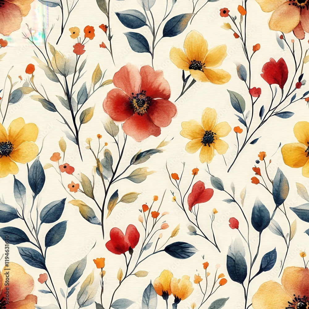 Charming Watercolor Seamless Pattern with Vibrant Flowers and Leaves on Cream Background for Elegant Design Projects Charming Watercolor Seamless Pattern with Vibrant Flowers and Leaves on Cream Background for Elegant Design Projects