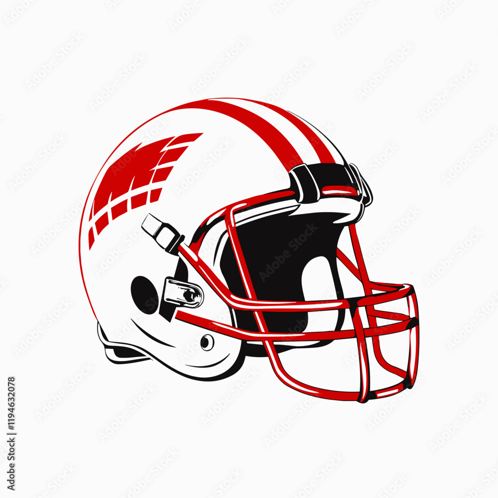 Fototapeta premium American football helmet illustration in red and white, sports equipment graphic design