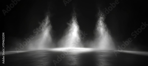 Dramatic Stage Lighting: Three Spotlights Illuminate Smoky Stage