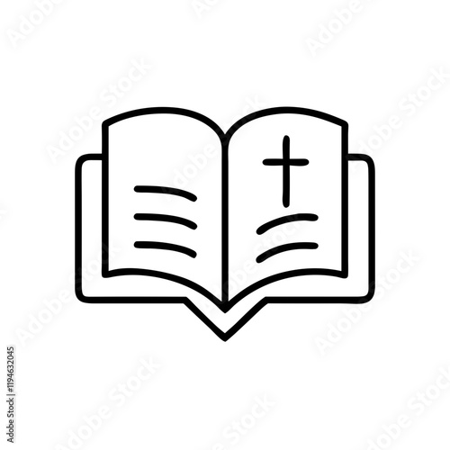 Open book illustration with cross symbol in line art, minimalist design, religious concept