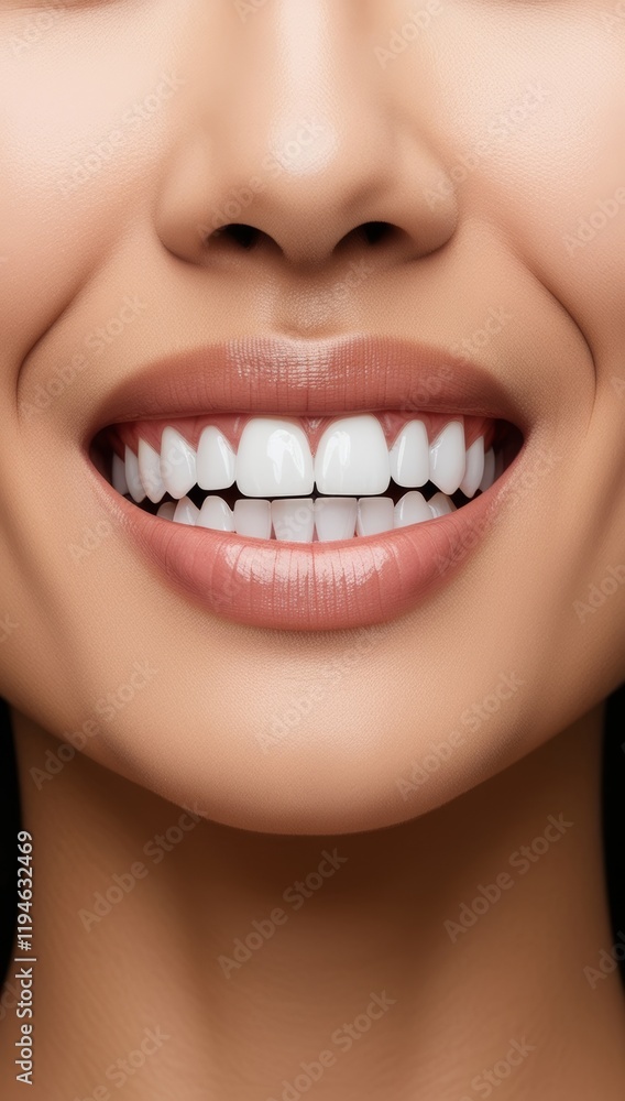 Fototapeta premium A close-up of a woman's perfect white smile with natural, glossy lips. Dental health, beauty, and confidence concept