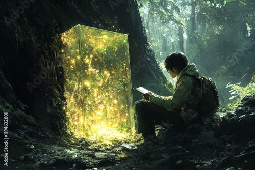 A child sits before a glowing box in the enchanted forest, suggesting curiosity and discovery among the verdant trees, with light symbolizing knowledge and wonder. photo