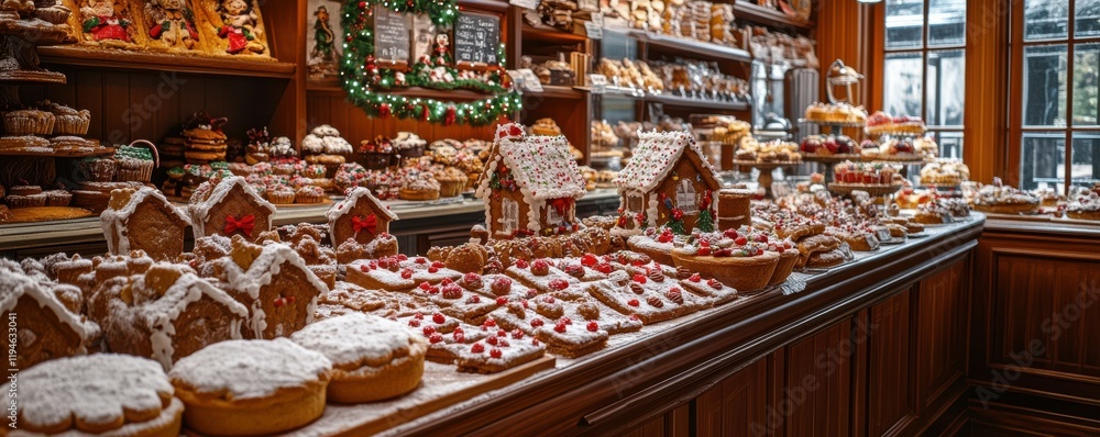 A bakery counter filled with holiday cookies, pies, and gingerbread houses, 4k photo. A bakery counter filled with holiday cookies, pies, and gingerbread houses, 4k photo.