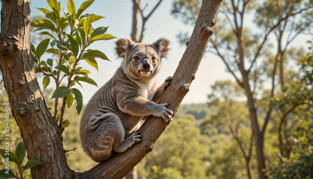 Koala climbing a tree in a lush green forest Koala climbing a tree in a lush green forest