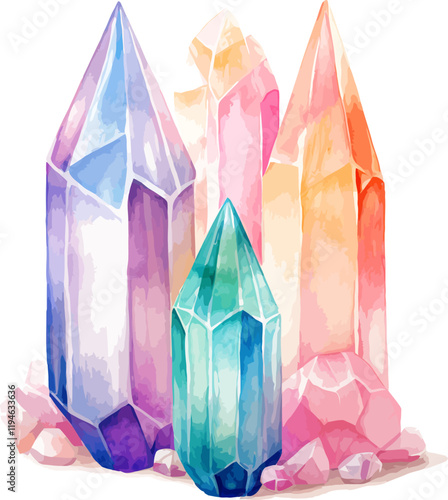 Crystals In Pastel Colors Watercolor Vector Illustration.