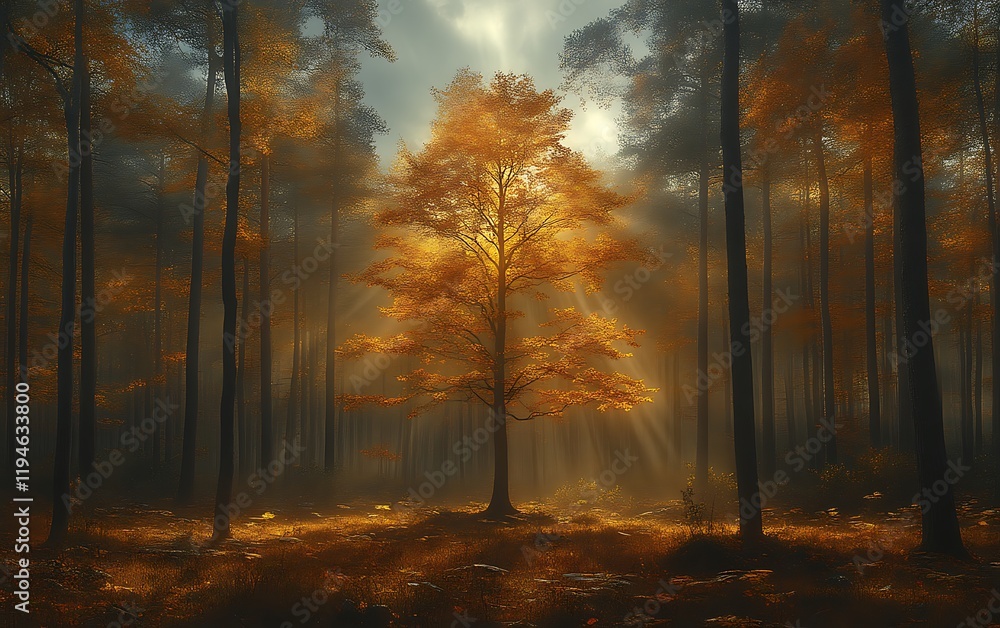 Fototapeta premium Golden autumn tree in misty forest.