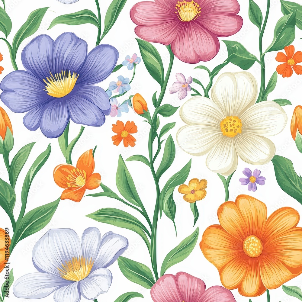 Obraz premium Vibrant Seamless Floral Pattern Featuring Colorful Flowers and Lush Greenery for Textile and Wallpaper Design