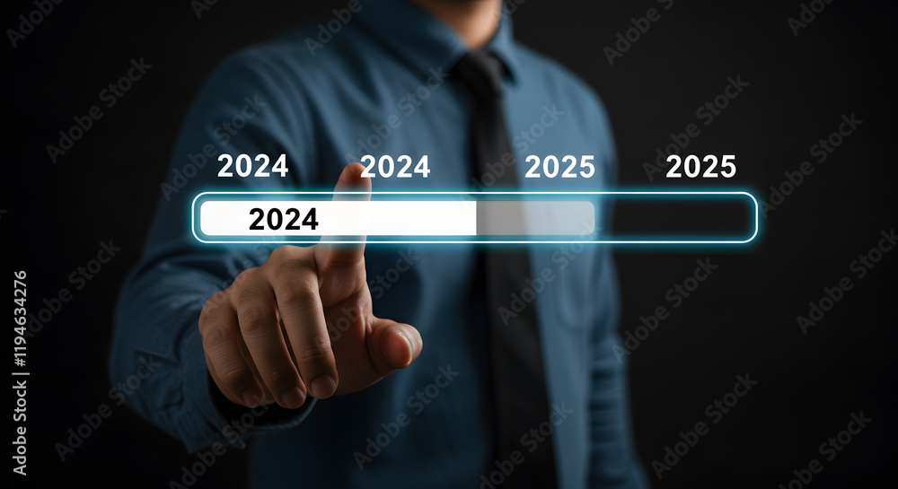 Transitioning from 2024 to 2025 is represented by an individual pointing at a loading bar, highlighting the concept of progress. This scene emphasizes future planning and the formulation of new year Transitioning from 2024 to 2025 is represented by an individual pointing at a loading bar, highlighting the concept of progress. This scene emphasizes future planning and the formulation of new year