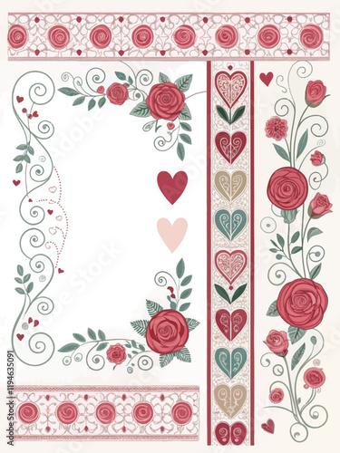 Romantic Valentine's Day Decorative Elements Collection with Hand Drawn Red Roses , Heart, floral Patterns