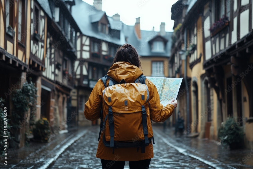 An adventurer in a mustard yellow raincoat holds a map while wandering down an atmospheric misty street in a medieval town, the architecture classic and quaint. An adventurer in a mustard yellow raincoat holds a map while wandering down an atmospheric misty street in a medieval town, the architecture classic and quaint.